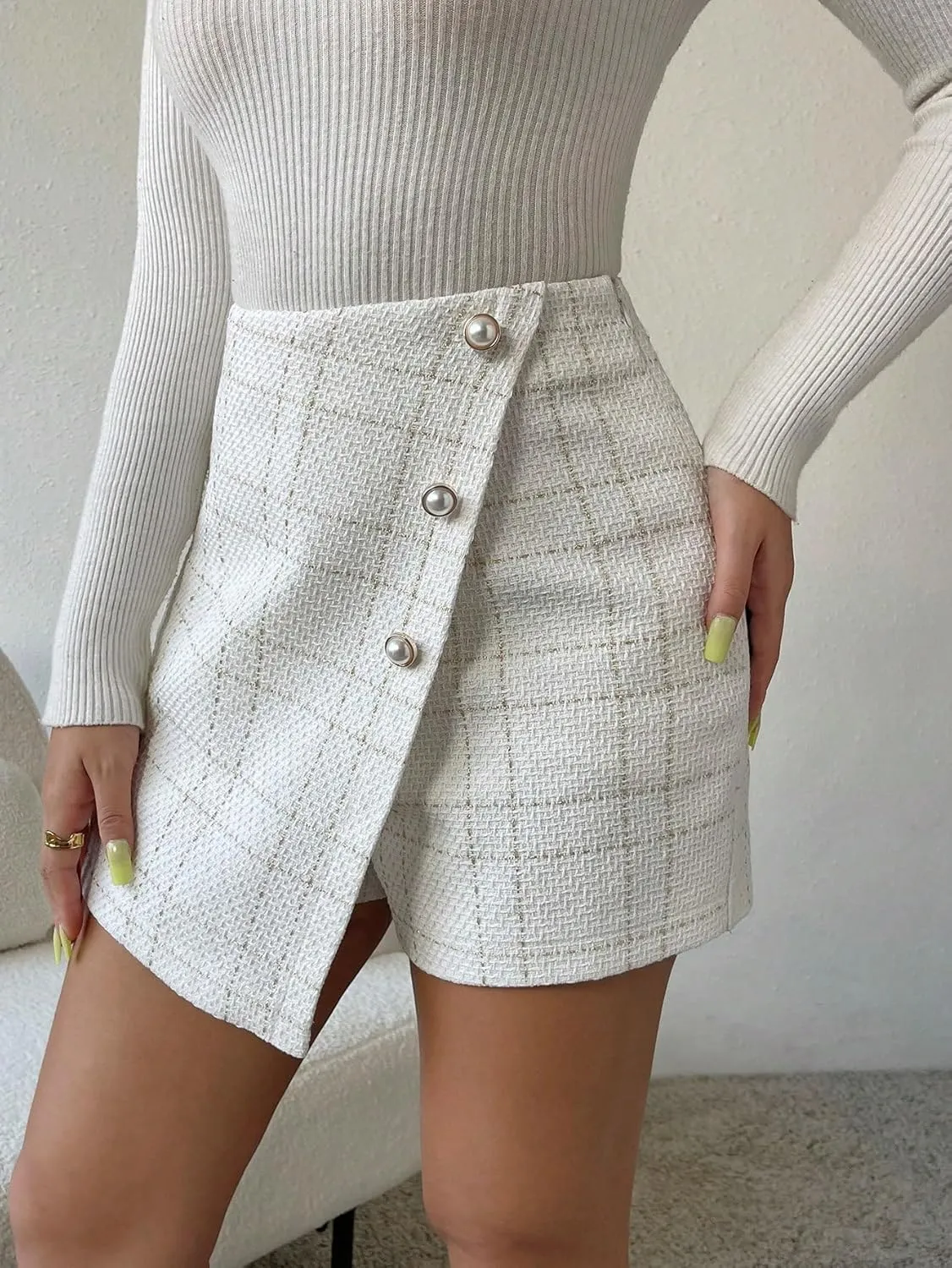 OYOANGLE Women's Elegant Plaid Print Tweed Skort High Waist Button Front Wrap Skirt Shorts