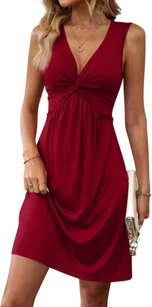 Palaver Summer Dresses for Women 2025 Sexy Deep V Neck Knotted Front Sleeveless A Line Mini Dresses