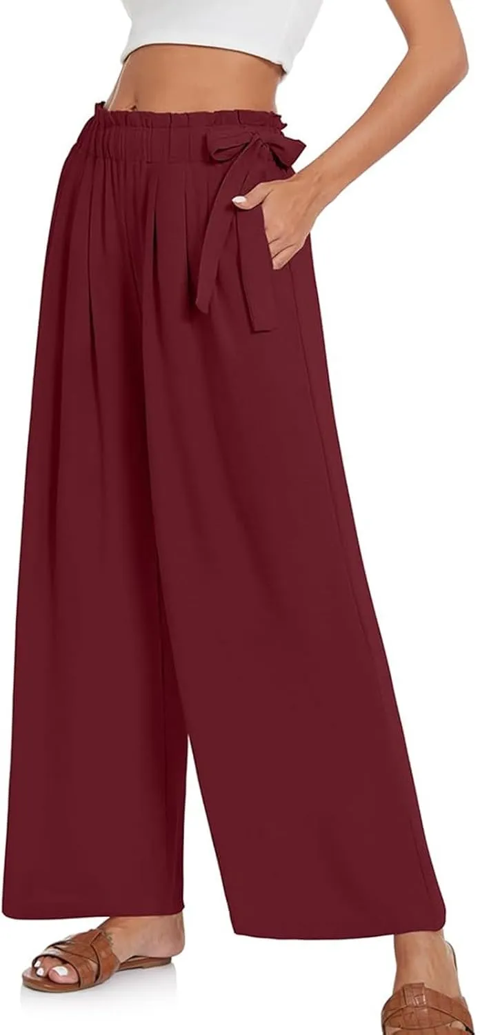 Palazzo Pants for Women Wide Leg Trousers Lightweight Linen Blend Casual Summer Beachwear High Waist Elastic Design