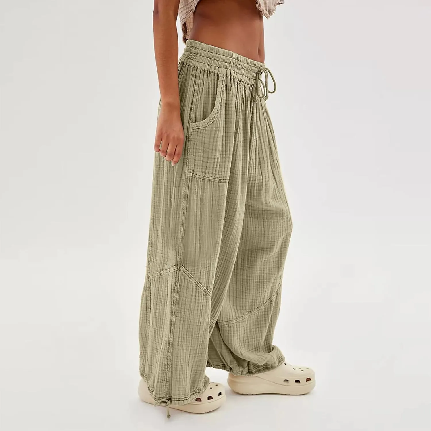 Pants for Women Elastic Waist Straight Leg Baggy Beach Trousers Casual High Waist Drawstring Sweatpants with Pockets