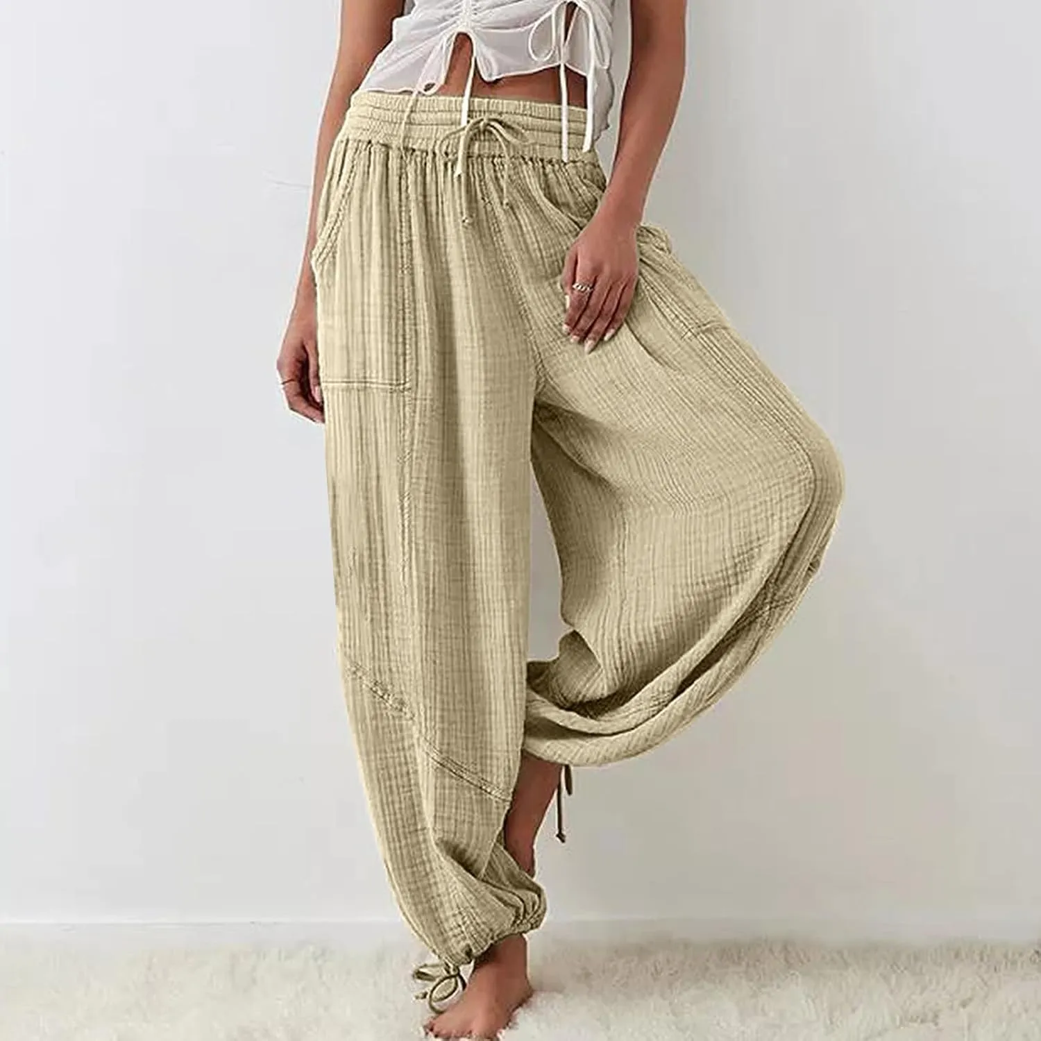 Pants for Women Elastic Waist Straight Leg Baggy Beach Trousers Casual High Waist Drawstring Sweatpants with Pockets