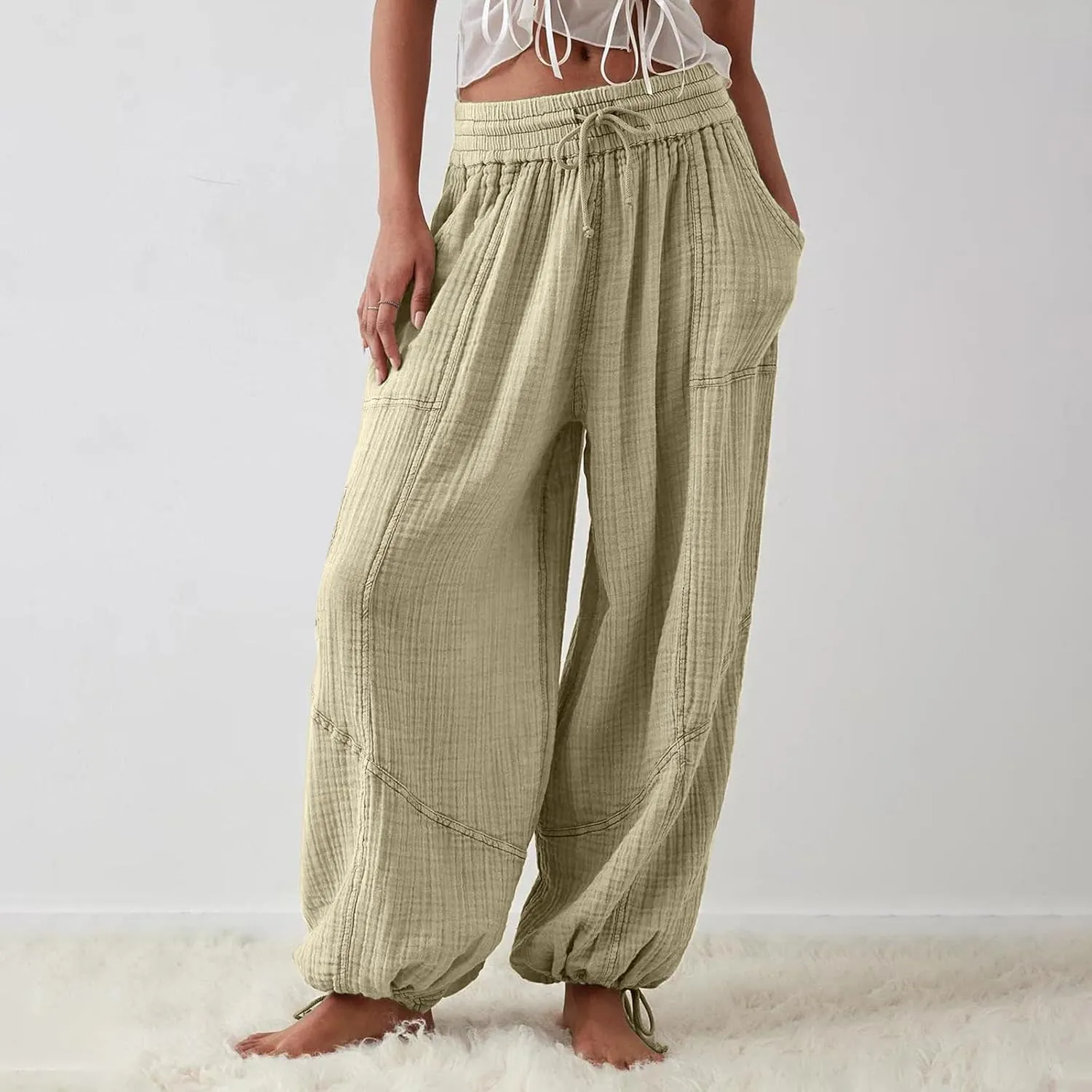 Pants for Women Elastic Waist Straight Leg Baggy Beach Trousers Casual High Waist Drawstring Sweatpants with Pockets