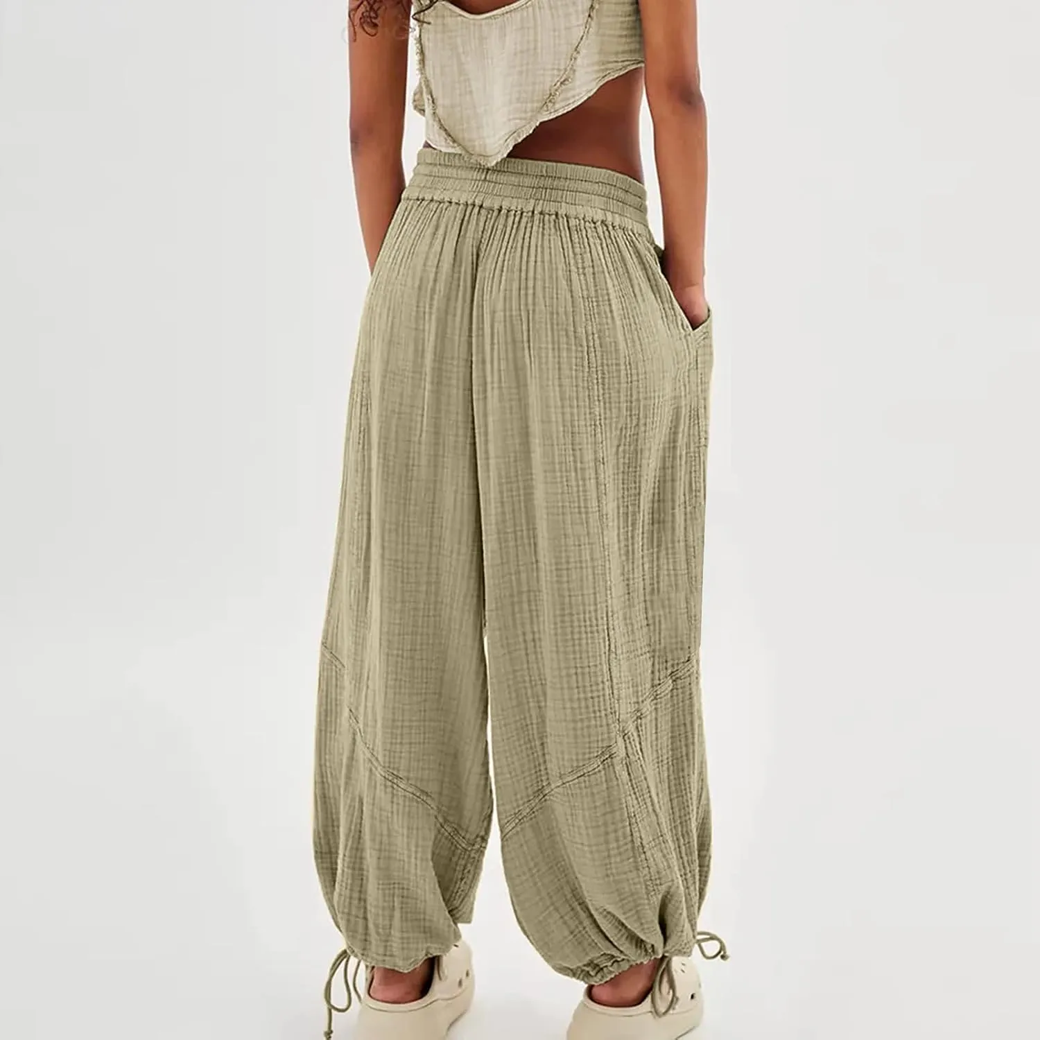 Pants for Women Elastic Waist Straight Leg Baggy Beach Trousers Casual High Waist Drawstring Sweatpants with Pockets