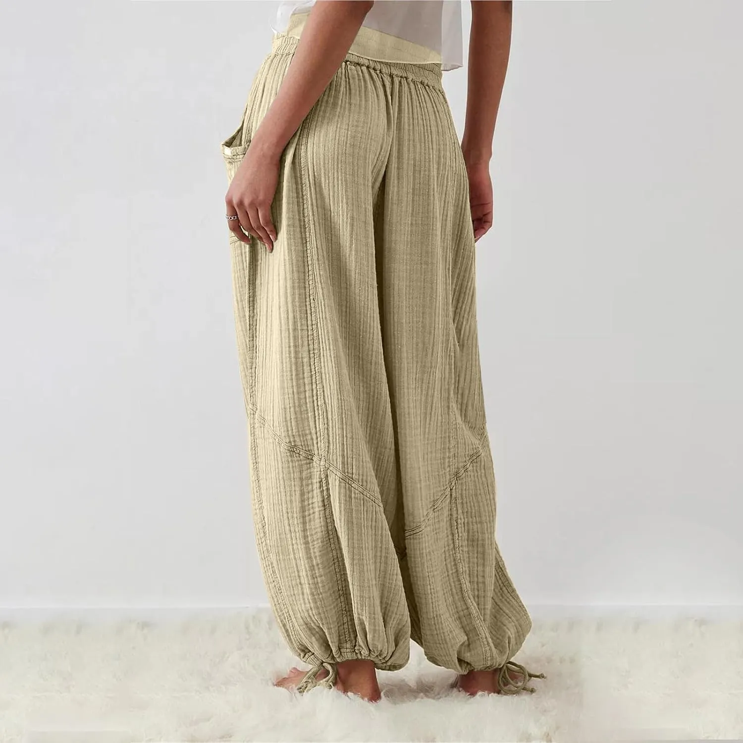 Pants for Women Elastic Waist Straight Leg Baggy Beach Trousers Casual High Waist Drawstring Sweatpants with Pockets