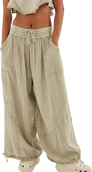 Pants for Women Elastic Waist Straight Leg Baggy Beach Trousers Casual High Waist Drawstring Sweatpants with Pockets