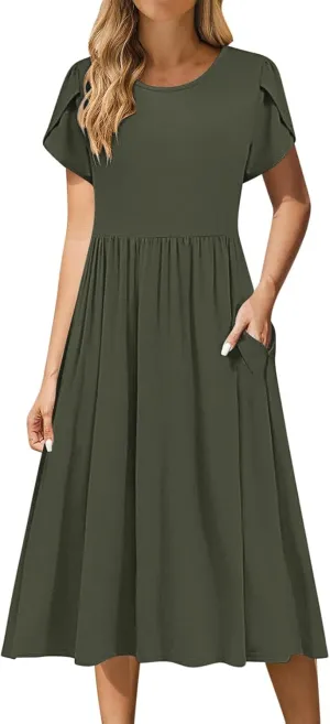 Petal Short Sleeve Midi Dresses for Women with Pockets Summer Casual Flowy Pleated A Line Swing Beach Vacation Dress