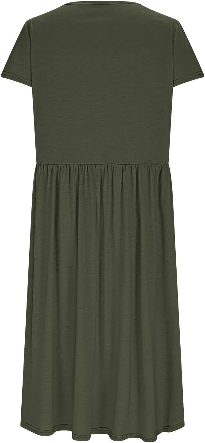 Petal Short Sleeve Midi Dresses for Women with Pockets Summer Casual Flowy Pleated A Line Swing Beach Vacation Dress