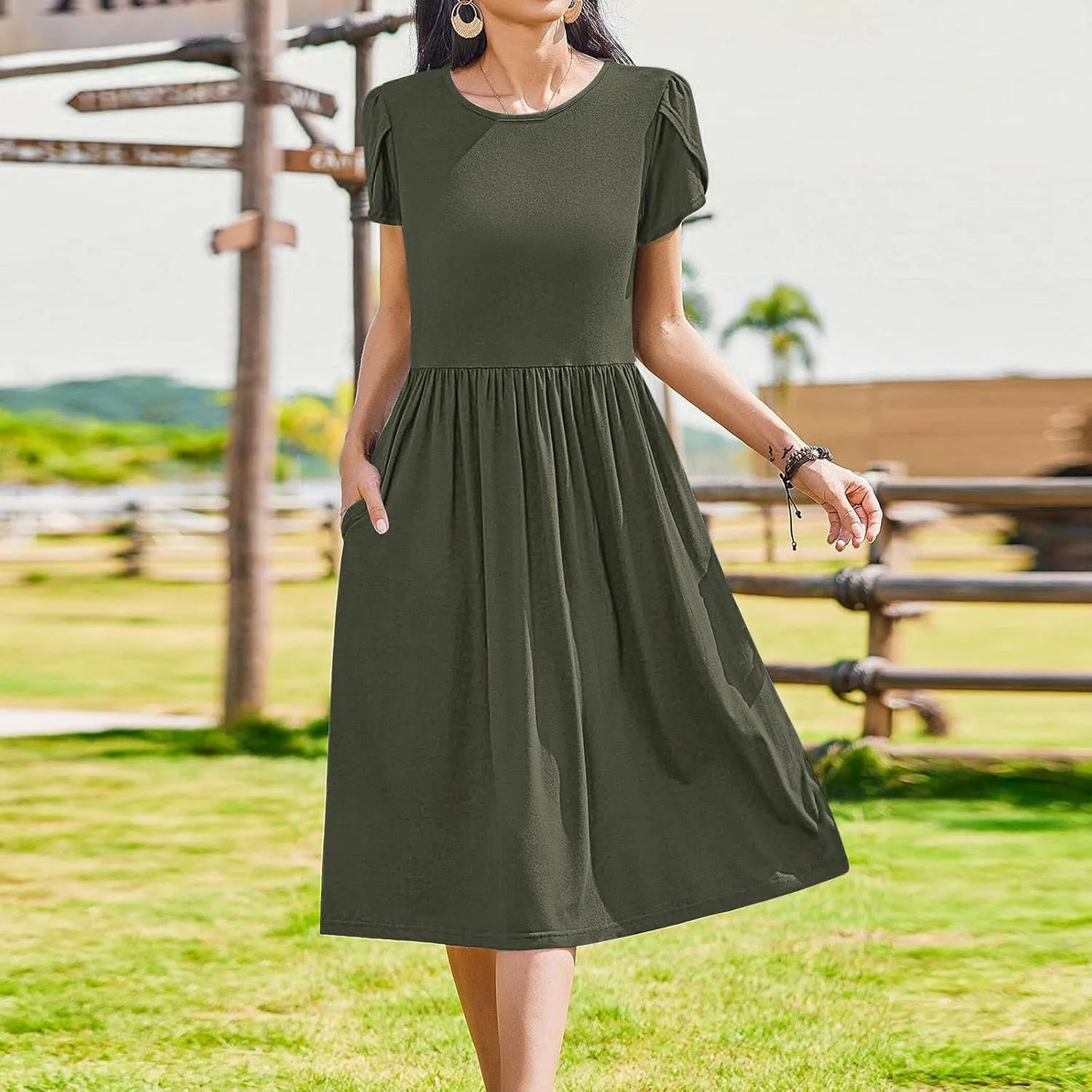 Petal Short Sleeve Midi Dresses for Women with Pockets Summer Casual Flowy Pleated A Line Swing Beach Vacation Dress