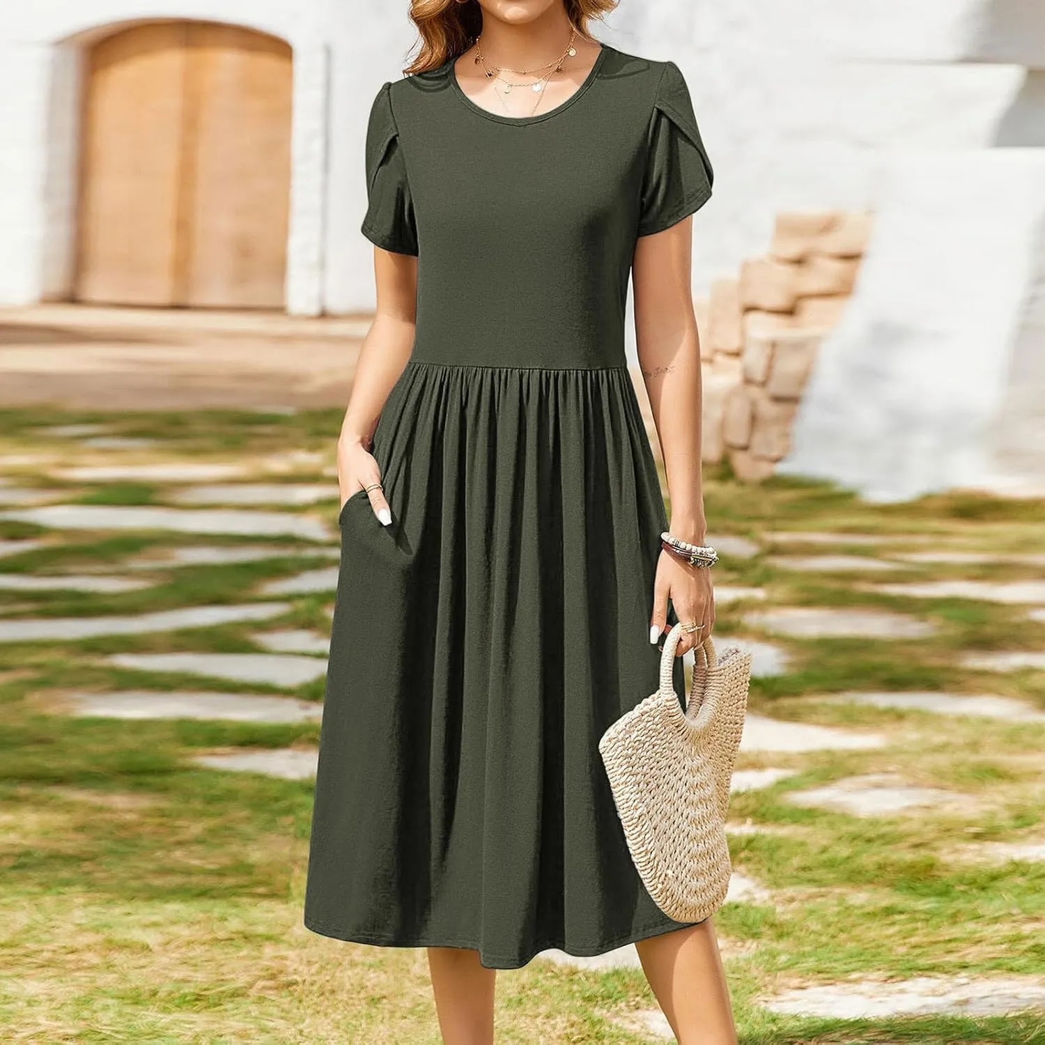 Petal Short Sleeve Midi Dresses for Women with Pockets Summer Casual Flowy Pleated A Line Swing Beach Vacation Dress