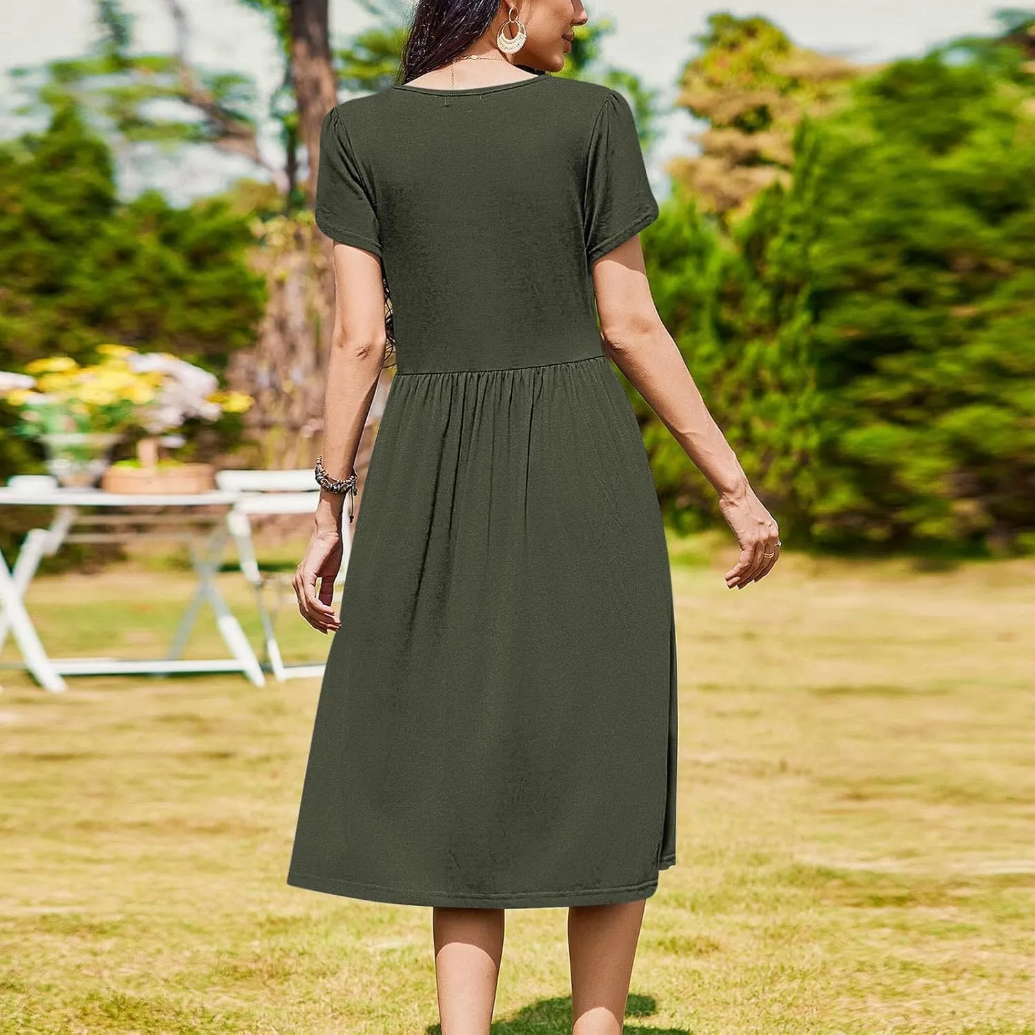Petal Short Sleeve Midi Dresses for Women with Pockets Summer Casual Flowy Pleated A Line Swing Beach Vacation Dress