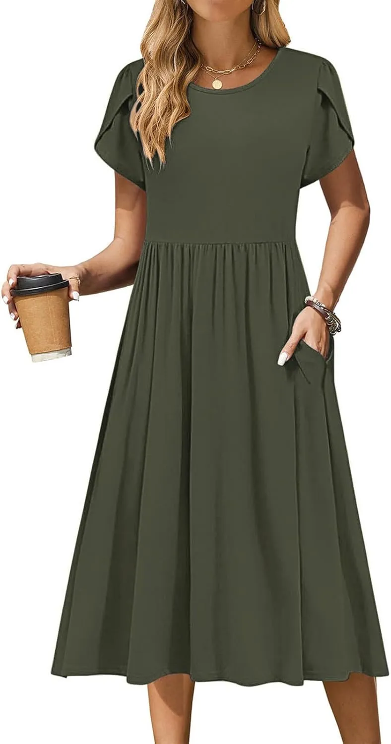 Petal Short Sleeve Midi Dresses for Women with Pockets Summer Casual Flowy Pleated A Line Swing Beach Vacation Dress