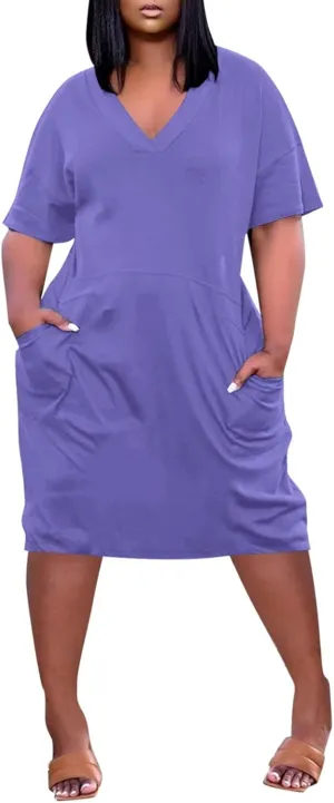 Plus Size Dresses for Curvy Women-2025 Summer Super Loose Fit Short Sleeve V-Neck Midi Casual Dresses with Pockets