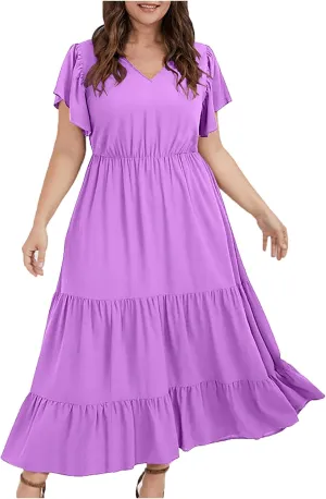 Plus Size Dresses for Women 2025 Summer Ruffle Sleeve V Neck Midi Dress Fashion Tiered Casual Fit Flowy Sundress