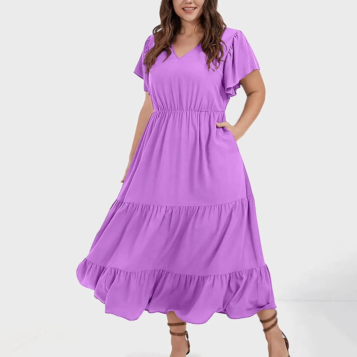 Plus Size Dresses for Women 2025 Summer Ruffle Sleeve V Neck Midi Dress Fashion Tiered Casual Fit Flowy Sundress