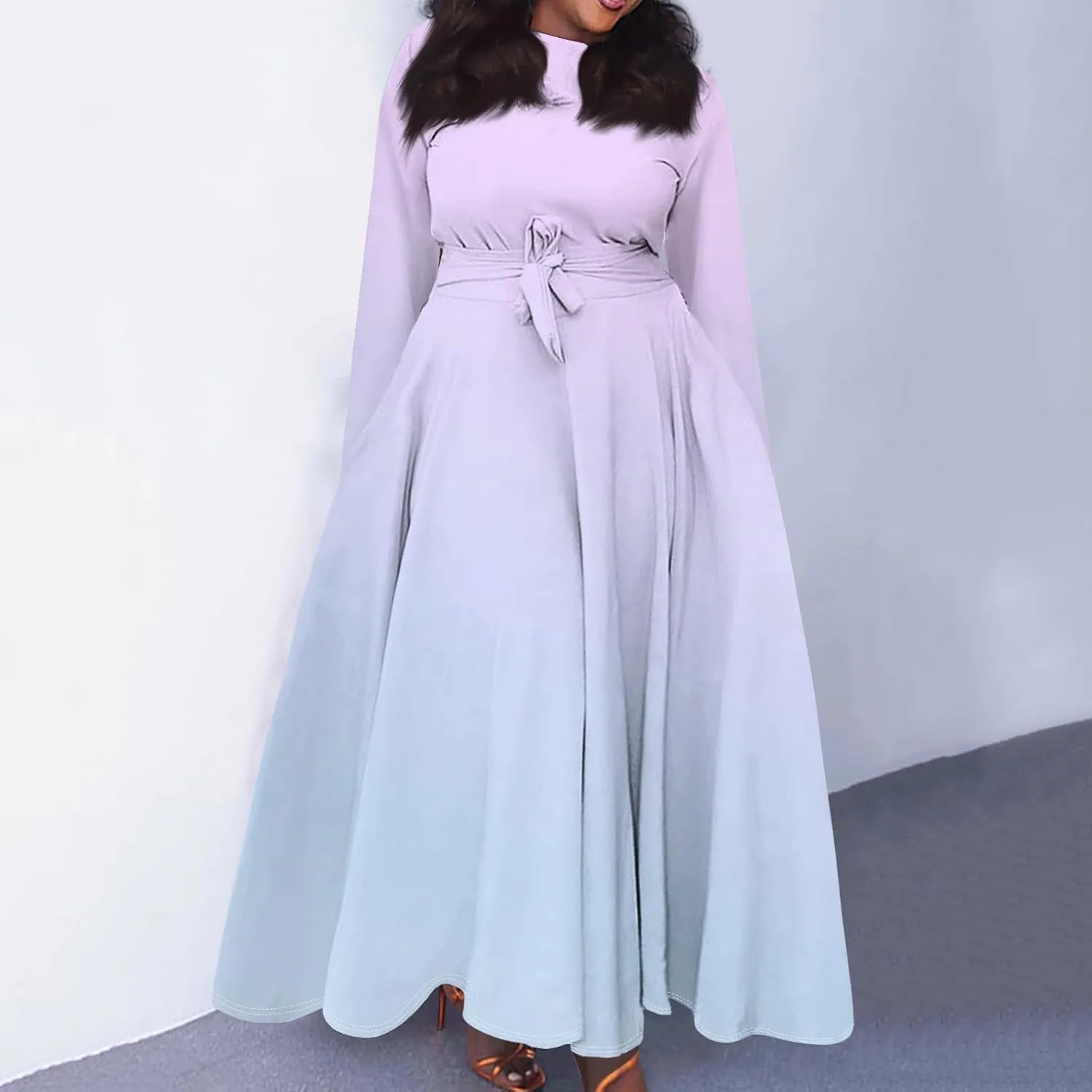 Plus Size Maxi Dresses for Curvy Women Crew Neck Long Sleeve Lace On High Wasit Maxi Dress with Pockets, XL-5XL