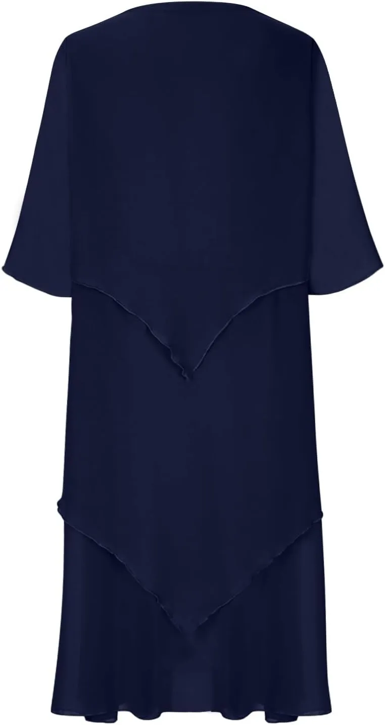 Plus Size Summer Midi Dresses for Women Elbow Length Sleeve Chiffon Overlay Dress Elegant Dressy Wedding Guest Cocktail Dress