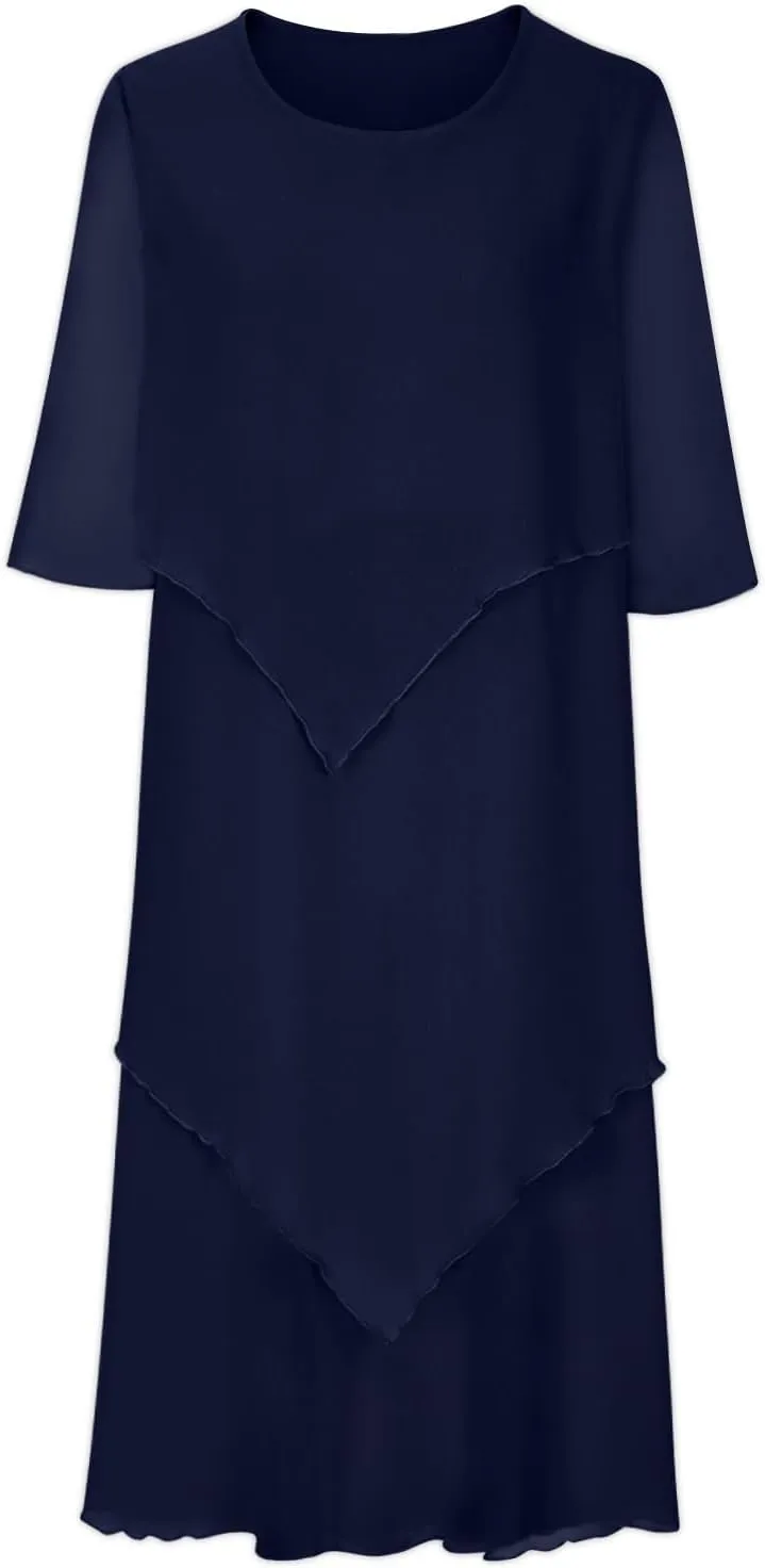 Plus Size Summer Midi Dresses for Women Elbow Length Sleeve Chiffon Overlay Dress Elegant Dressy Wedding Guest Cocktail Dress