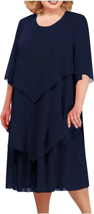 Plus Size Summer Midi Dresses for Women Elbow Length Sleeve Chiffon Overlay Dress Elegant Dressy Wedding Guest Cocktail Dress