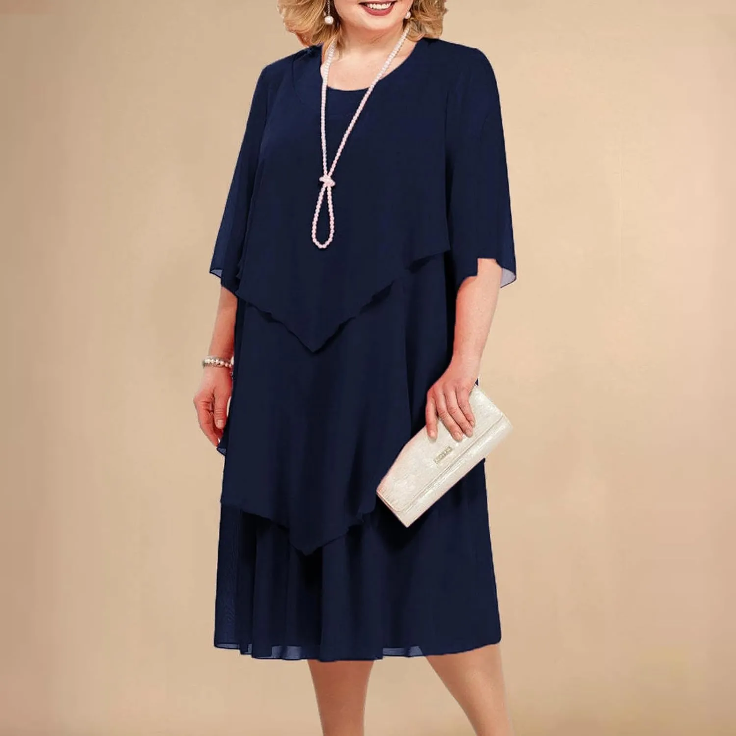 Plus Size Summer Midi Dresses for Women Elbow Length Sleeve Chiffon Overlay Dress Elegant Dressy Wedding Guest Cocktail Dress