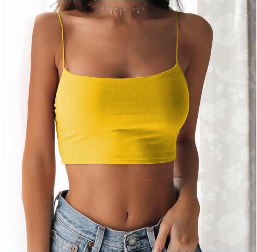 Popular Europe Summer Women Solid Colored Sexy Bralette Spaghetti Strap Bare Belly Back Camisole