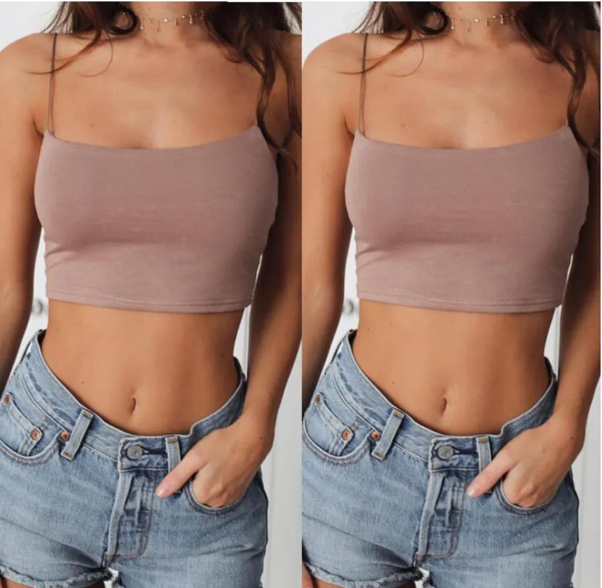 Popular Europe Summer Women Solid Colored Sexy Bralette Spaghetti Strap Bare Belly Back Camisole