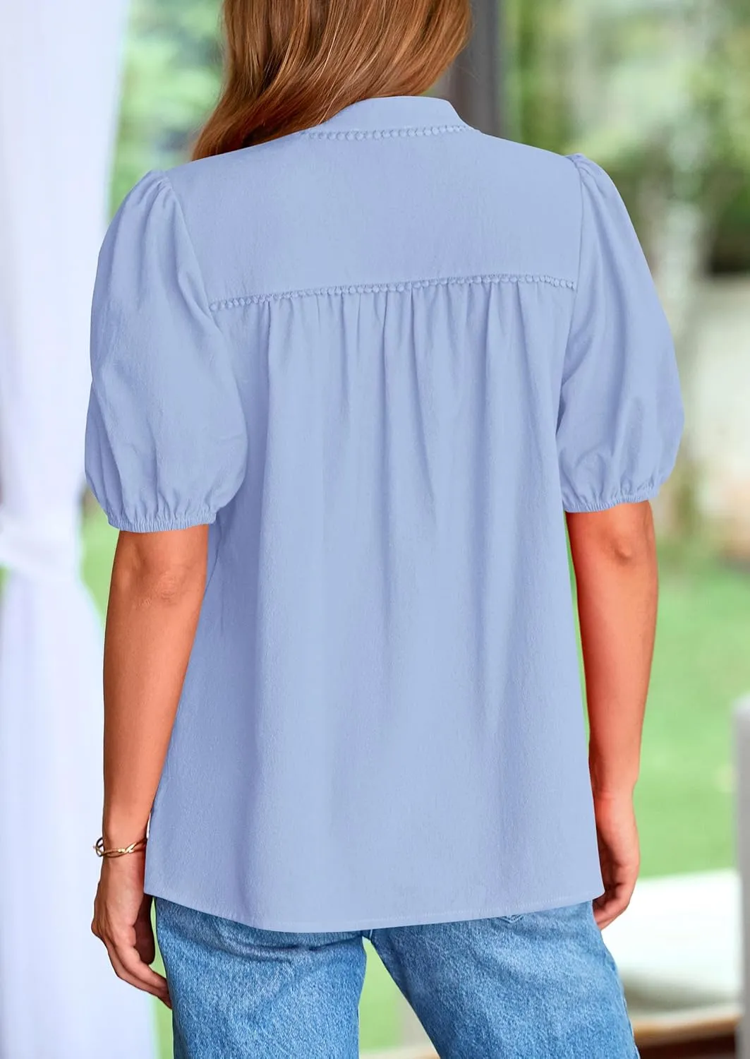 PRETTYGARDEN Womens Casual Summer Tops 2025 V Neck Short Puff Sleeve Pleated Cotton T Shirts Loose Dressy Blouses