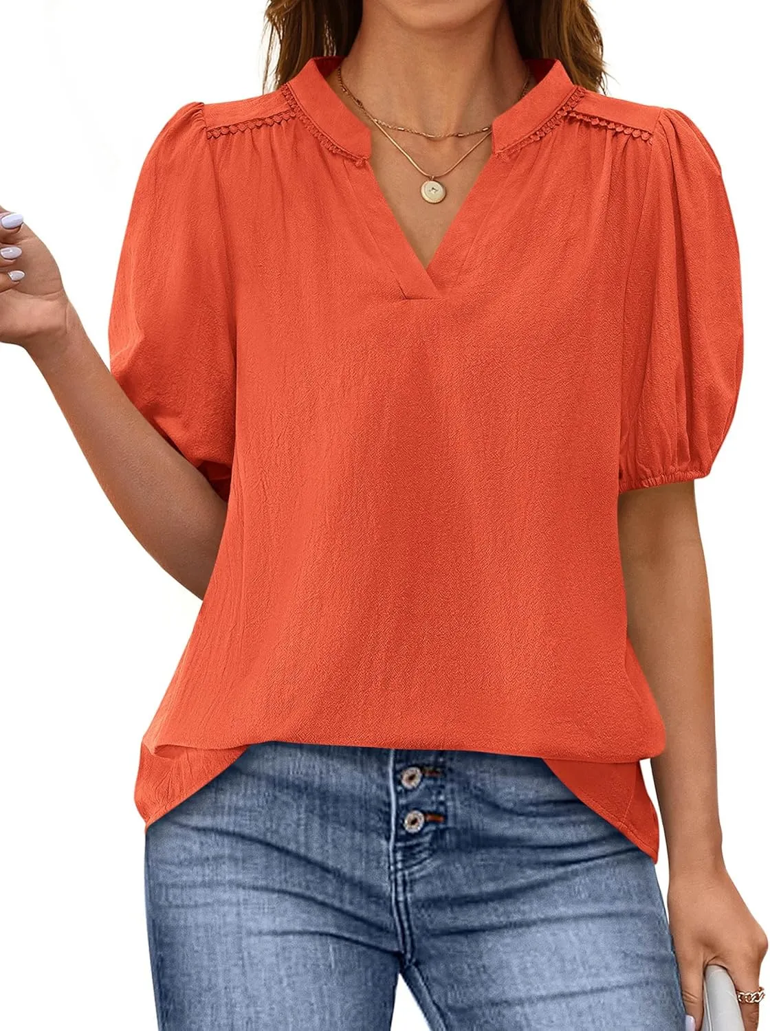 PRETTYGARDEN Womens Casual Summer Tops 2025 V Neck Short Puff Sleeve Pleated Cotton T Shirts Loose Dressy Blouses
