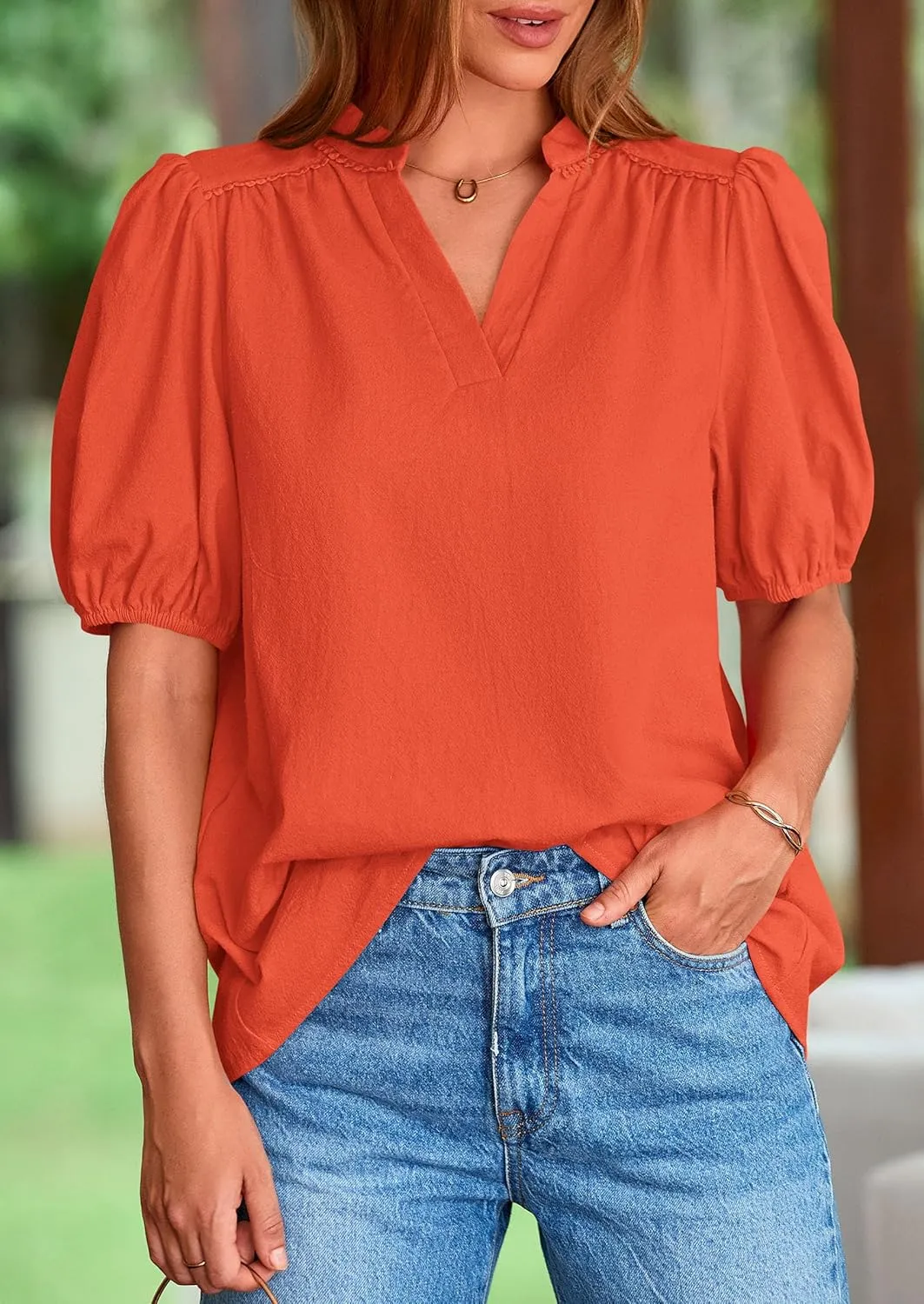 PRETTYGARDEN Womens Casual Summer Tops 2025 V Neck Short Puff Sleeve Pleated Cotton T Shirts Loose Dressy Blouses