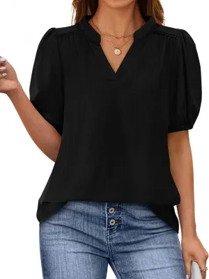 PRETTYGARDEN Womens Casual Summer Tops 2025 V Neck Short Puff Sleeve Pleated Cotton T Shirts Loose Dressy Blouses