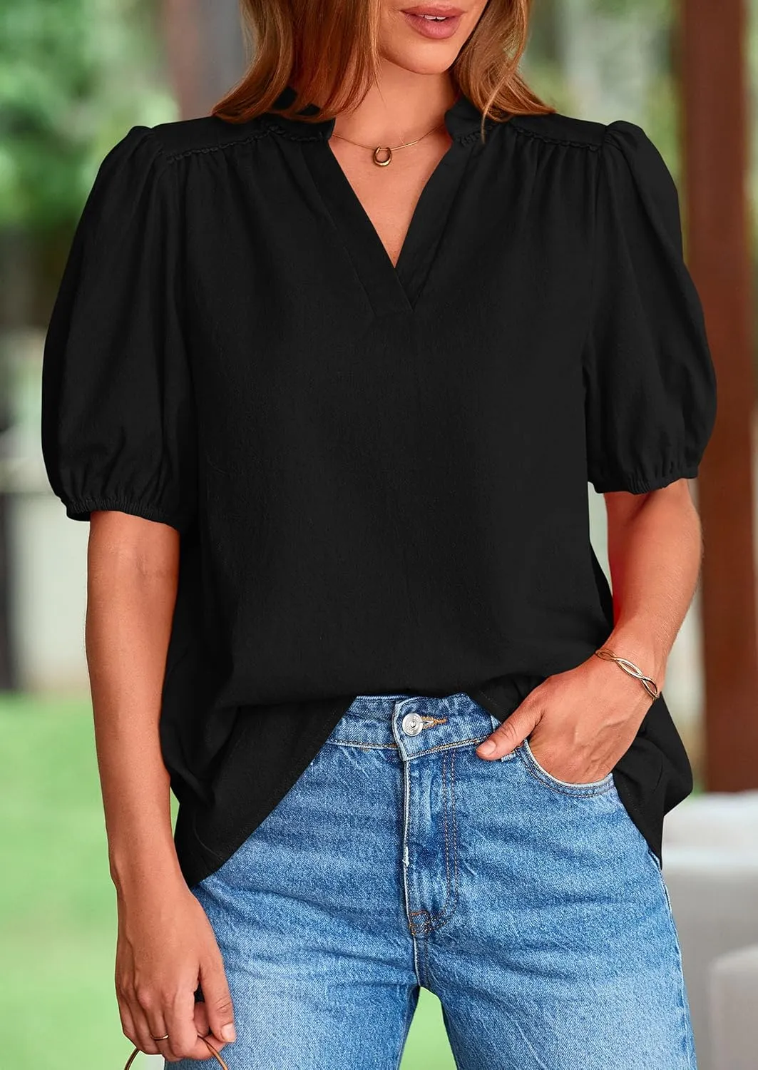 PRETTYGARDEN Womens Casual Summer Tops 2025 V Neck Short Puff Sleeve Pleated Cotton T Shirts Loose Dressy Blouses
