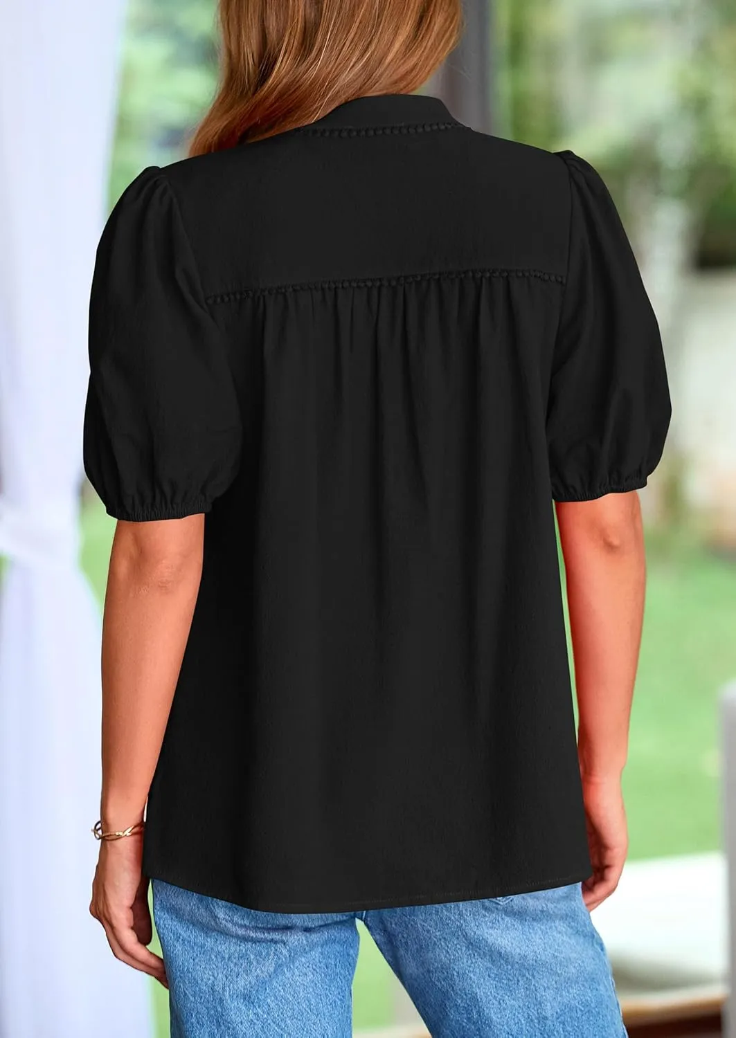 PRETTYGARDEN Womens Casual Summer Tops 2025 V Neck Short Puff Sleeve Pleated Cotton T Shirts Loose Dressy Blouses