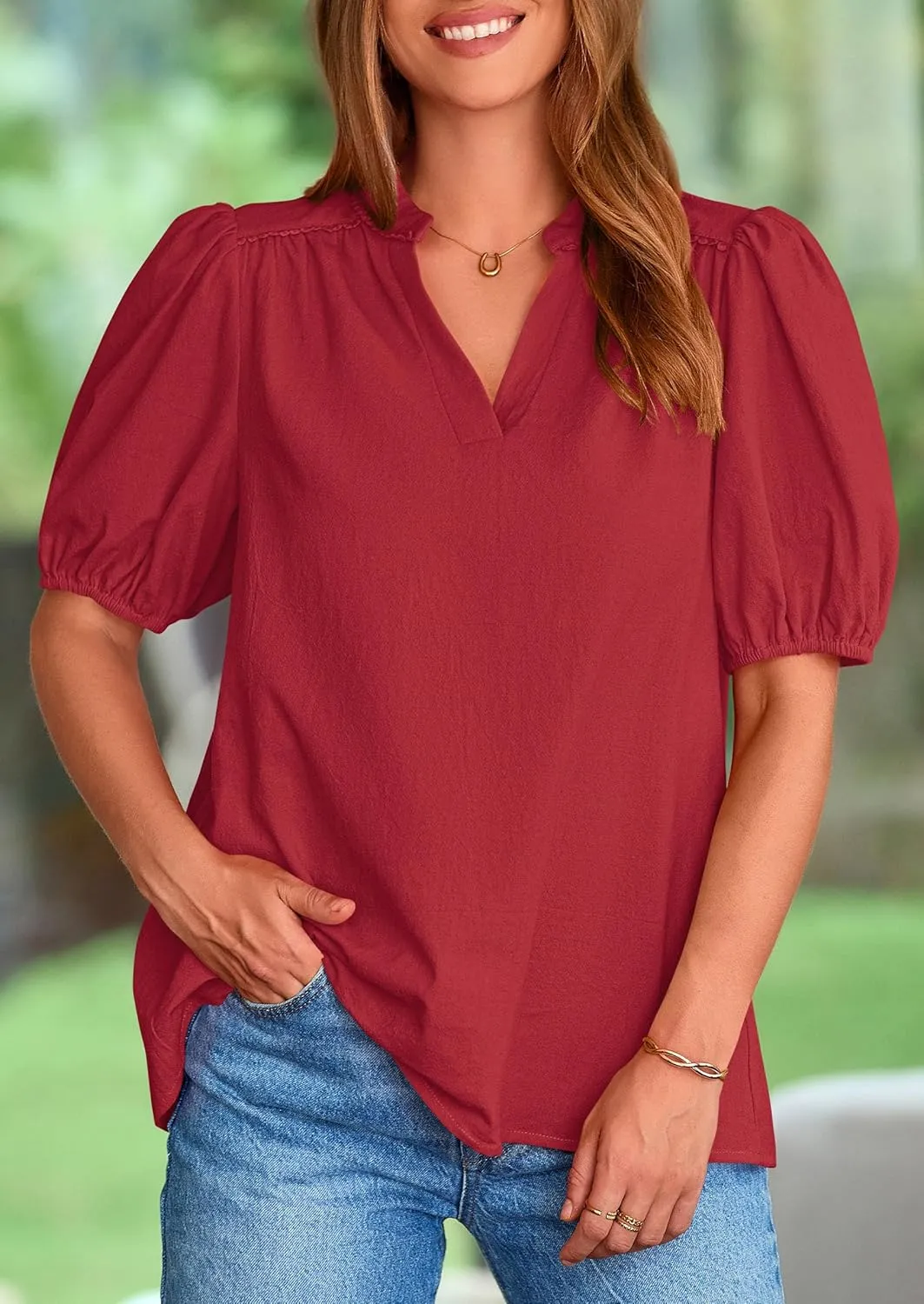 PRETTYGARDEN Womens Casual Summer Tops 2025 V Neck Short Puff Sleeve Pleated Cotton T Shirts Loose Dressy Blouses