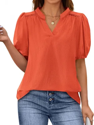 PRETTYGARDEN Womens Casual Summer Tops 2025 V Neck Short Puff Sleeve Pleated Cotton T Shirts Loose Dressy Blouses