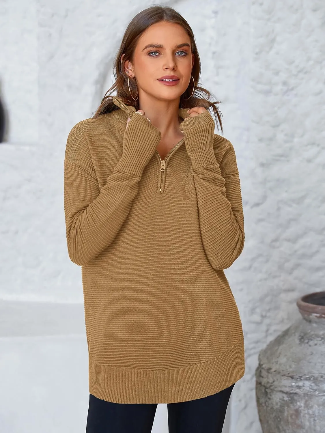 PRETTYGARDEN Womens Long Sleeve Quarter Zip Pullover Sweater Casual Loose V Neck Collared Ribbed Knit Jumper Tops Thumb Hole