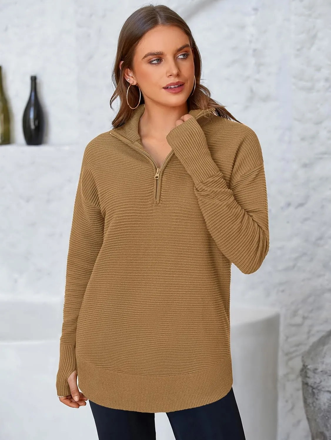 PRETTYGARDEN Womens Long Sleeve Quarter Zip Pullover Sweater Casual Loose V Neck Collared Ribbed Knit Jumper Tops Thumb Hole