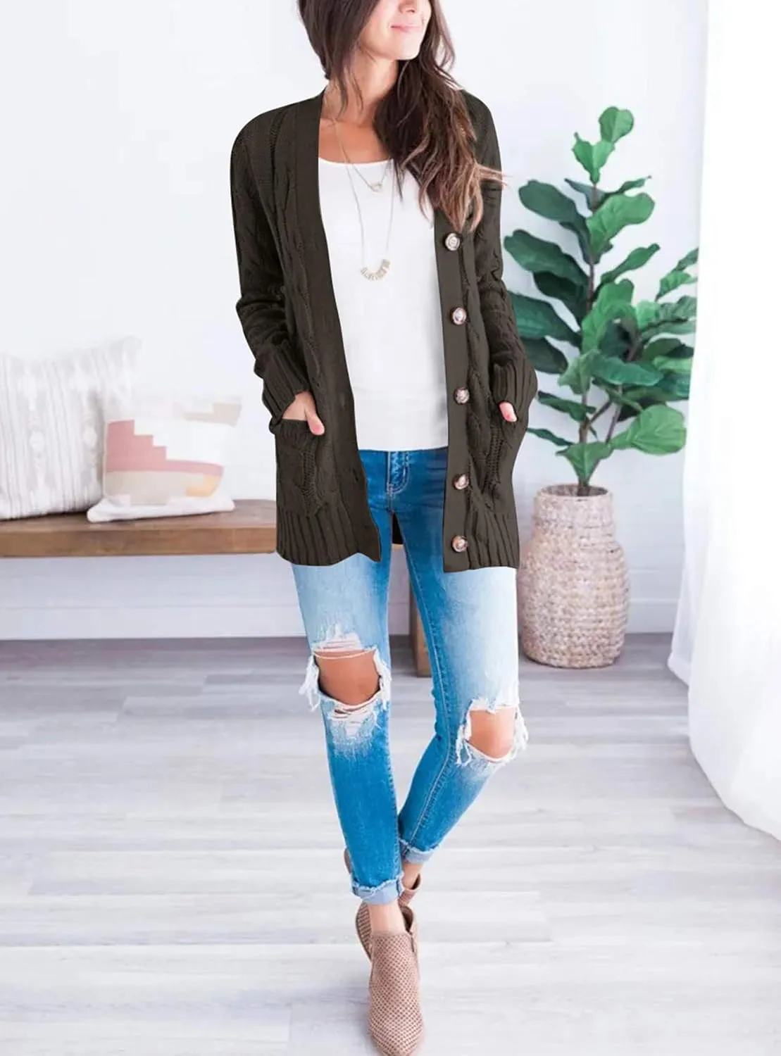 PRETTYGARDEN Women's Open Front Cardigan Sweaters Fall Fashion Button Down Cable Knit Chunky Winter Outerwear Coats