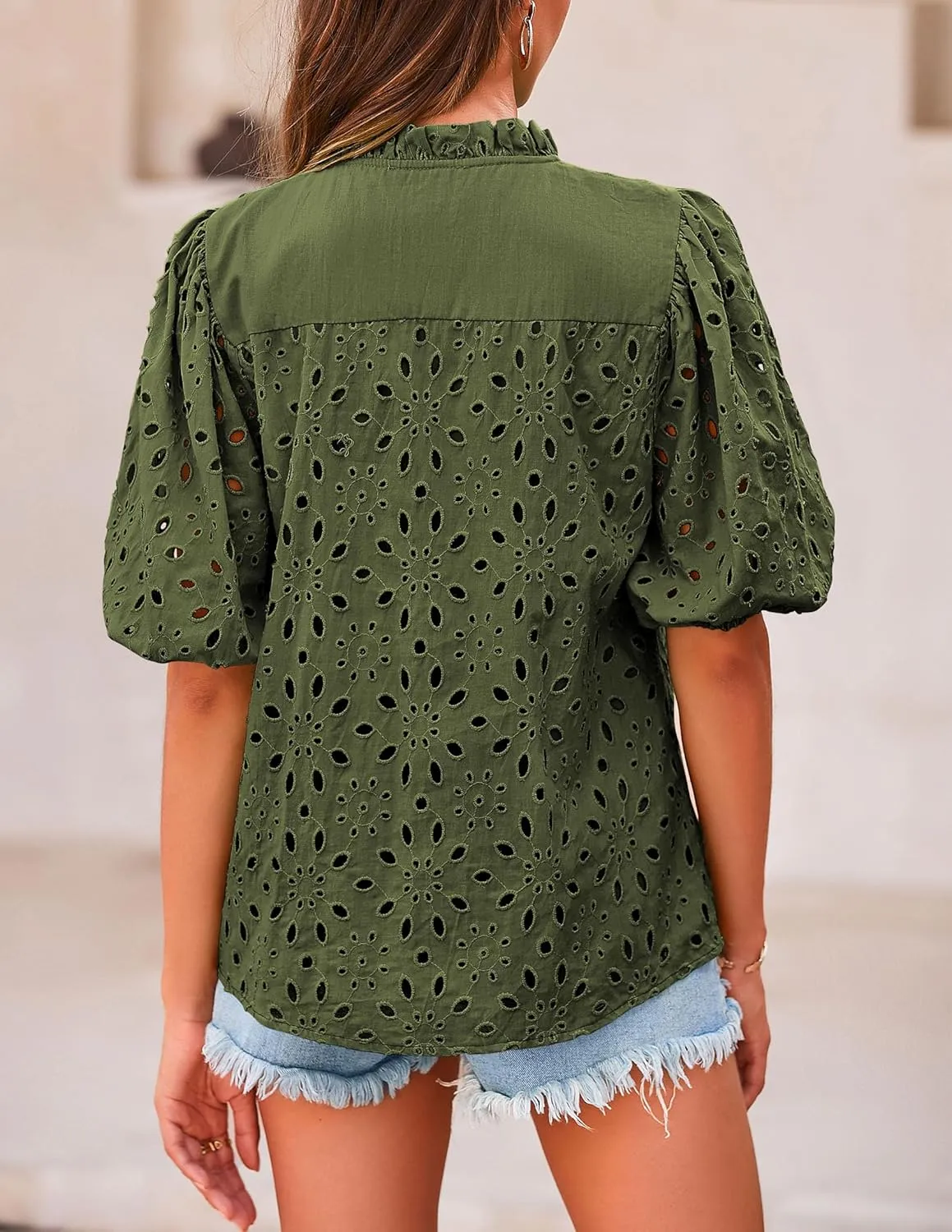 PRETTYGARDEN Women's Summer Short Sleeve Tops 2025 Dressy Casual Buttons V Neck Hollow Out Lace Embroidered Blouses Shirts