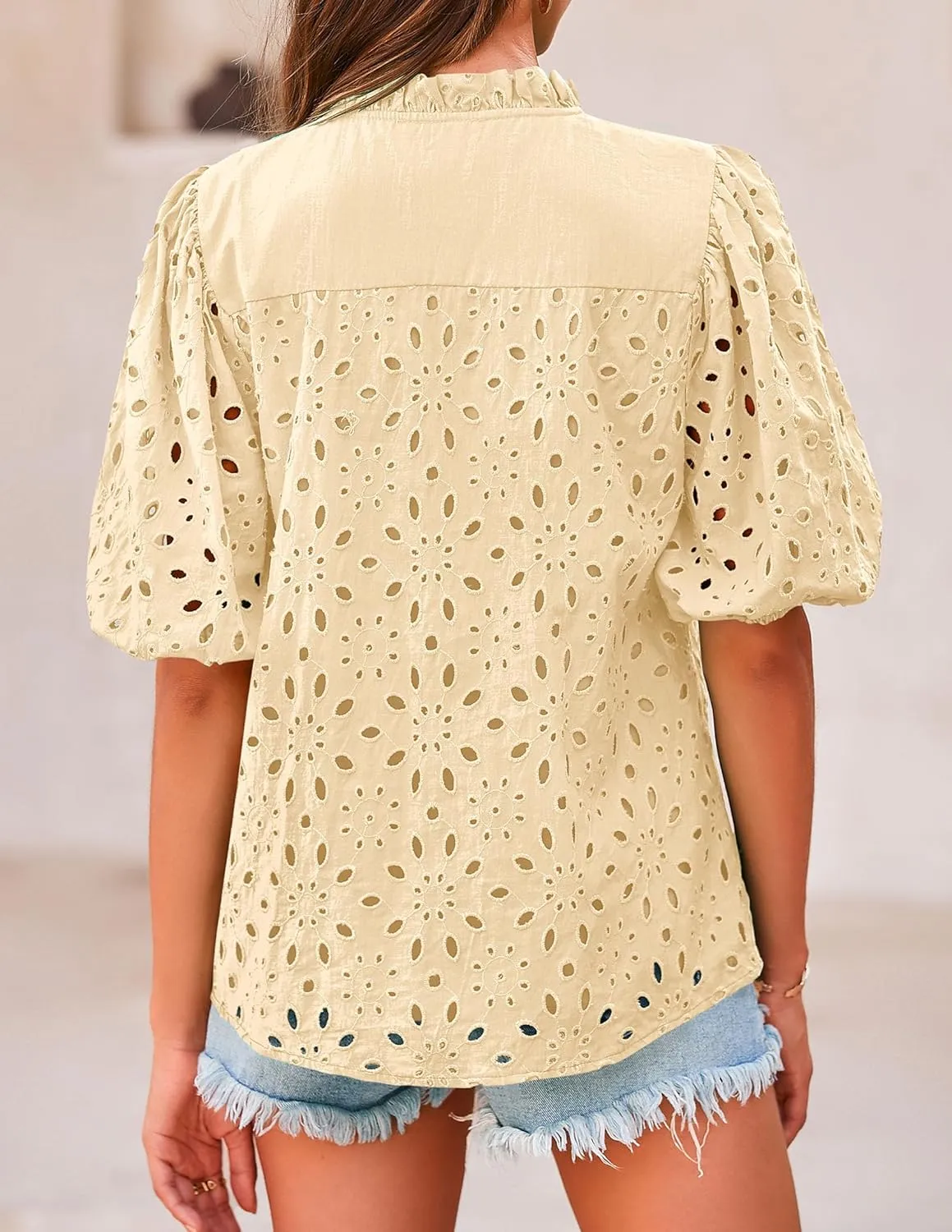 PRETTYGARDEN Women's Summer Short Sleeve Tops 2025 Dressy Casual Buttons V Neck Hollow Out Lace Embroidered Blouses Shirts