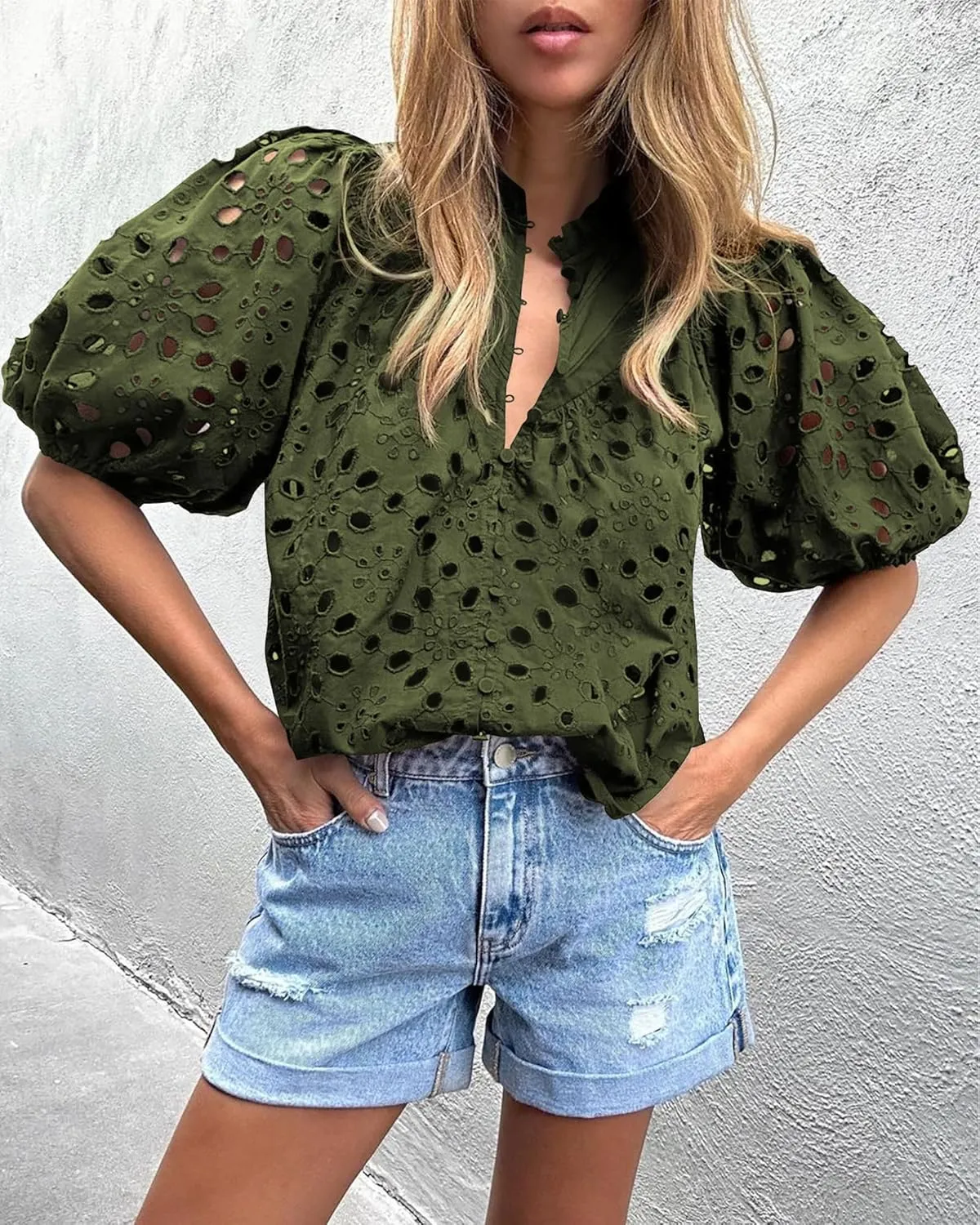 PRETTYGARDEN Women's Summer Short Sleeve Tops 2025 Dressy Casual Buttons V Neck Hollow Out Lace Embroidered Blouses Shirts