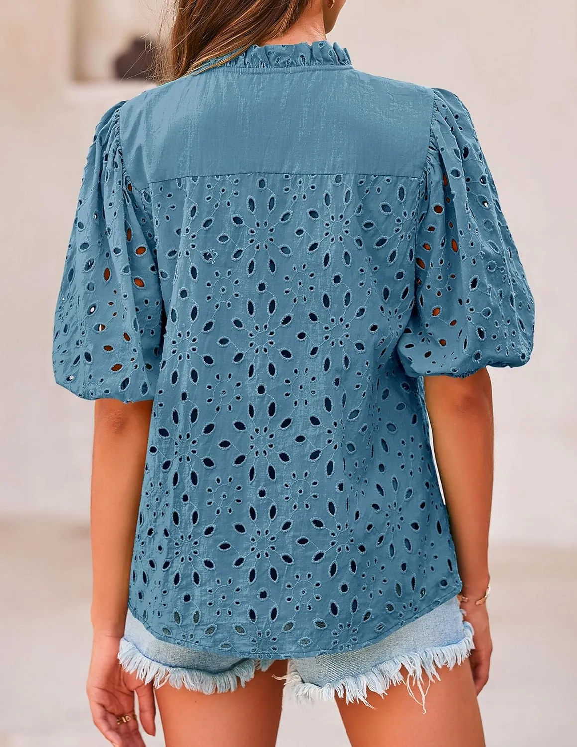 PRETTYGARDEN Women's Summer Short Sleeve Tops 2025 Dressy Casual Buttons V Neck Hollow Out Lace Embroidered Blouses Shirts