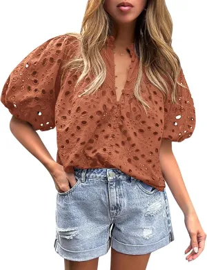 PRETTYGARDEN Women's Summer Short Sleeve Tops 2025 Dressy Casual Buttons V Neck Hollow Out Lace Embroidered Blouses Shirts