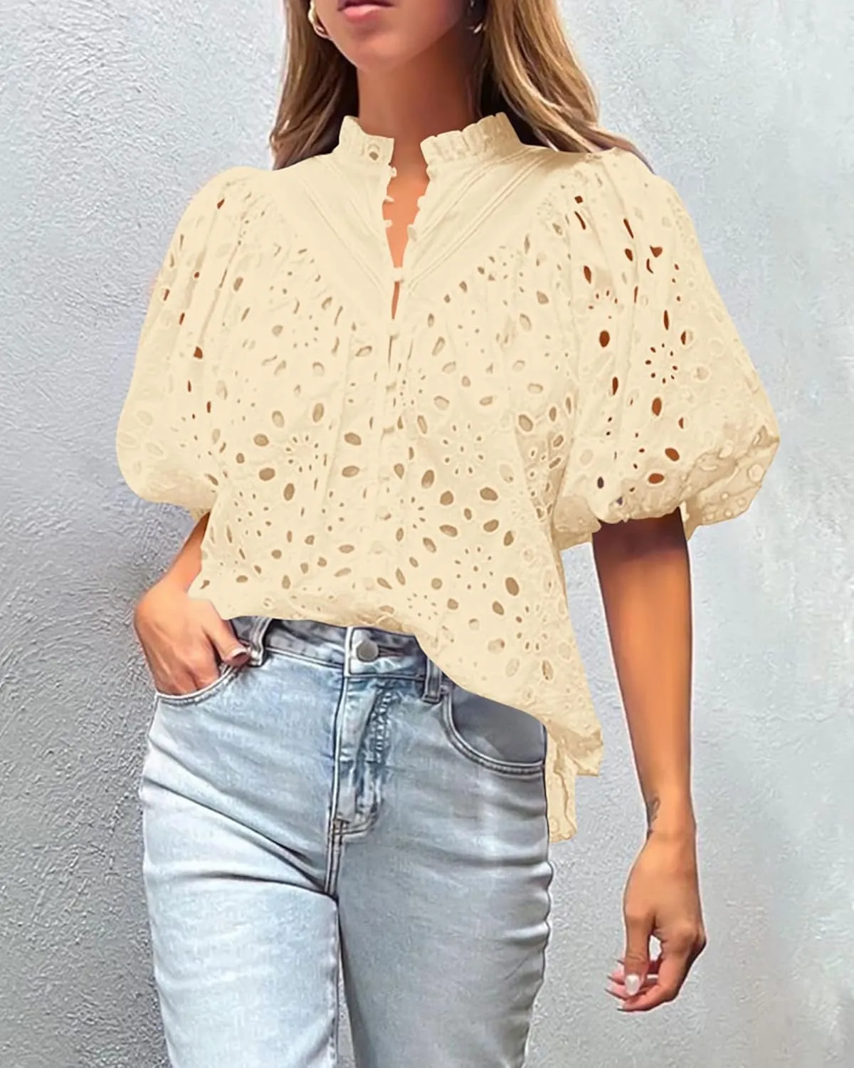PRETTYGARDEN Women's Summer Short Sleeve Tops 2025 Dressy Casual Buttons V Neck Hollow Out Lace Embroidered Blouses Shirts