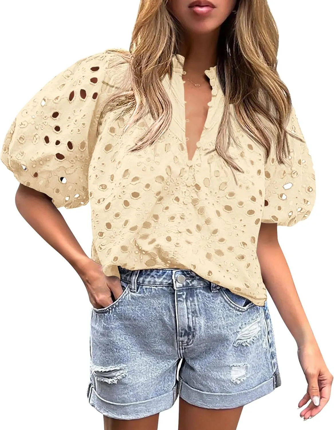 PRETTYGARDEN Women's Summer Short Sleeve Tops 2025 Dressy Casual Buttons V Neck Hollow Out Lace Embroidered Blouses Shirts