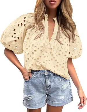 PRETTYGARDEN Women's Summer Short Sleeve Tops 2025 Dressy Casual Buttons V Neck Hollow Out Lace Embroidered Blouses Shirts