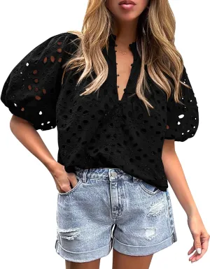 PRETTYGARDEN Women's Summer Short Sleeve Tops 2025 Dressy Casual Buttons V Neck Hollow Out Lace Embroidered Blouses Shirts