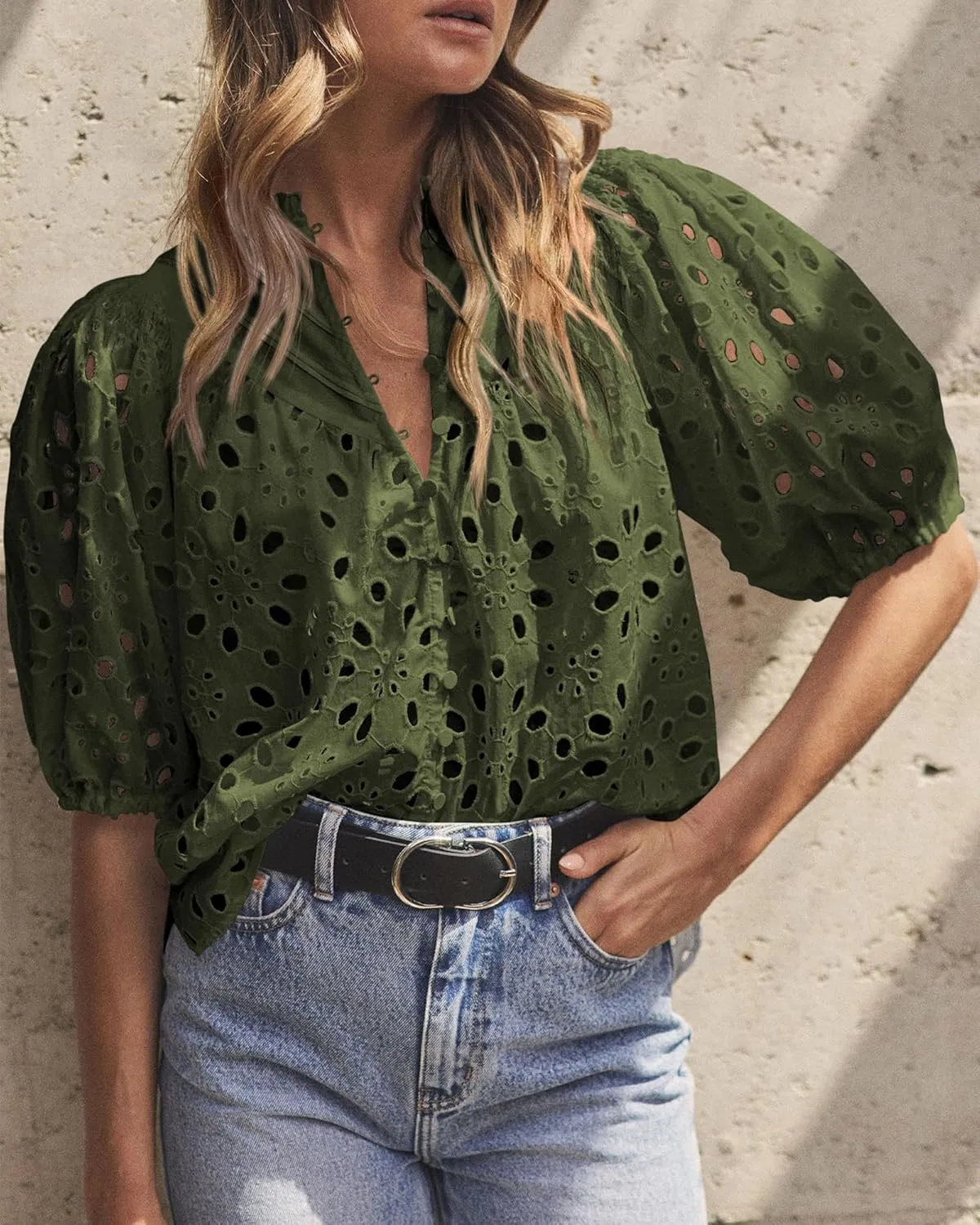 PRETTYGARDEN Women's Summer Short Sleeve Tops 2025 Dressy Casual Buttons V Neck Hollow Out Lace Embroidered Blouses Shirts