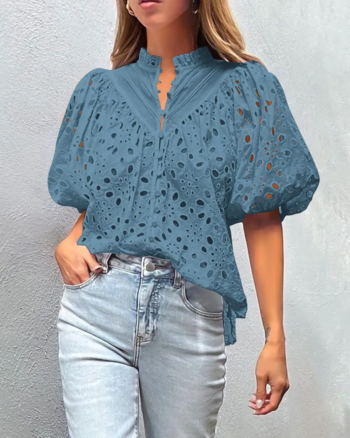 PRETTYGARDEN Women's Summer Short Sleeve Tops 2025 Dressy Casual Buttons V Neck Hollow Out Lace Embroidered Blouses Shirts