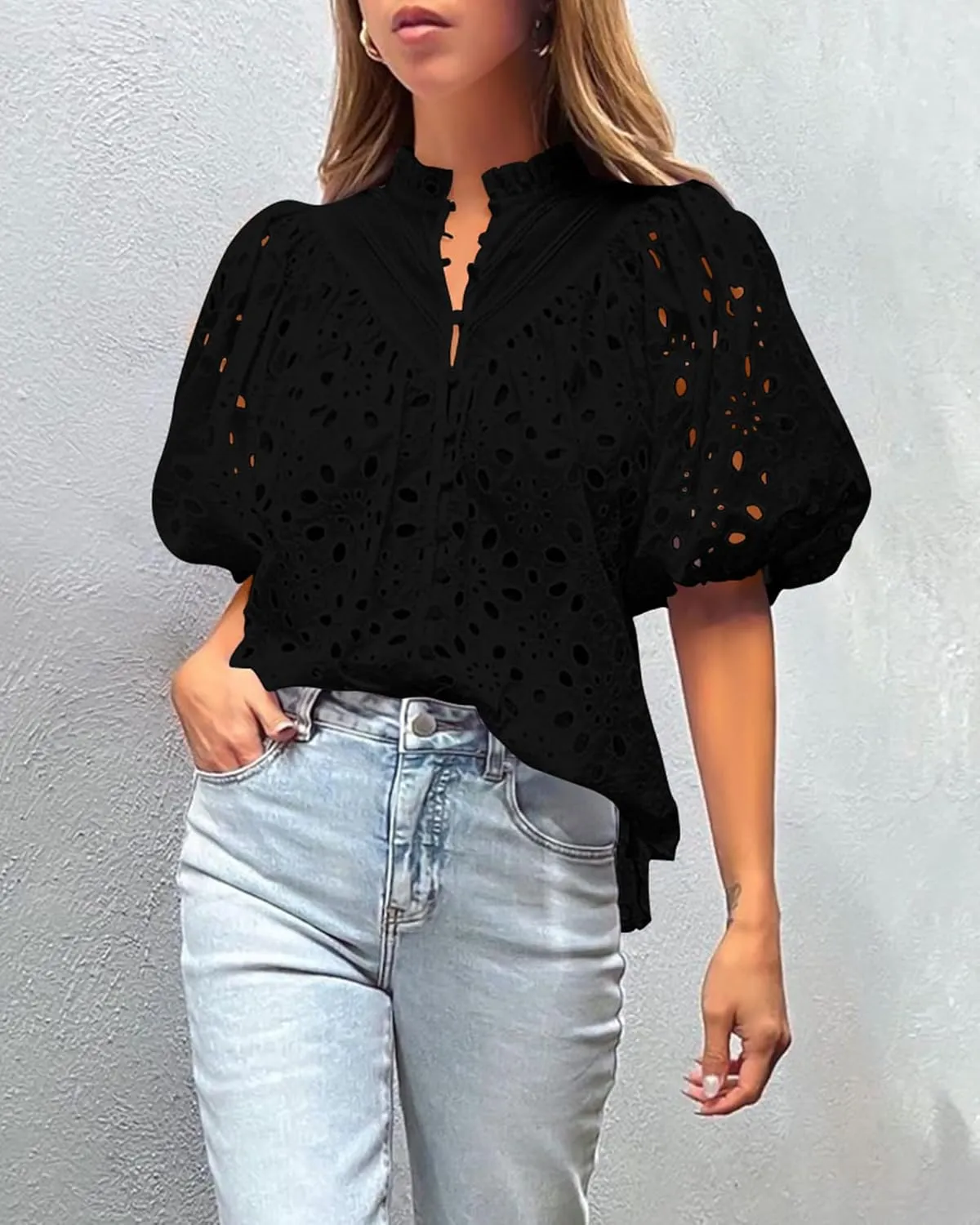 PRETTYGARDEN Women's Summer Short Sleeve Tops 2025 Dressy Casual Buttons V Neck Hollow Out Lace Embroidered Blouses Shirts