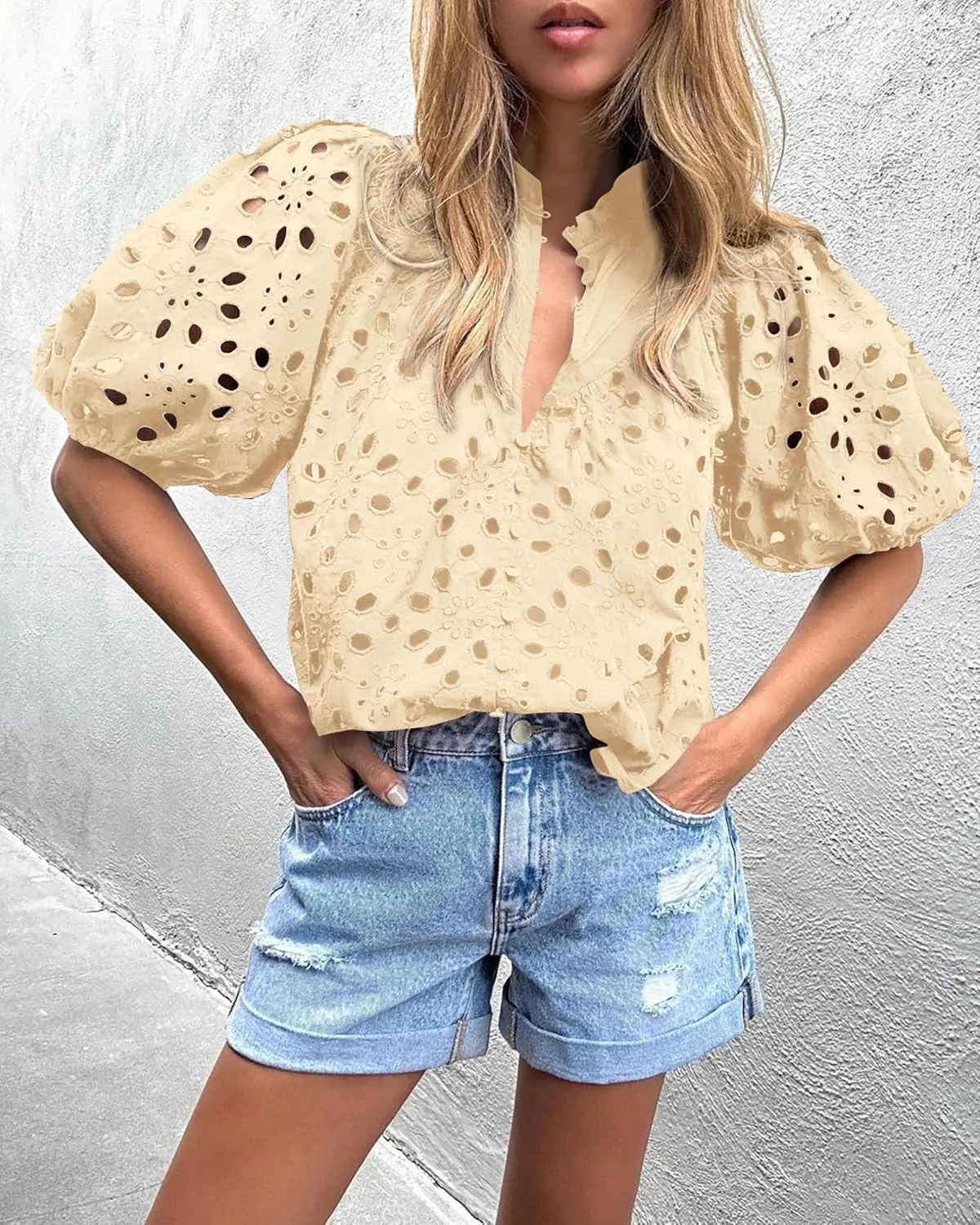 PRETTYGARDEN Women's Summer Short Sleeve Tops 2025 Dressy Casual Buttons V Neck Hollow Out Lace Embroidered Blouses Shirts