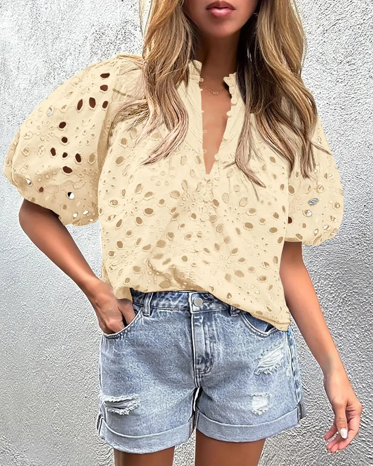 PRETTYGARDEN Women's Summer Short Sleeve Tops 2025 Dressy Casual Buttons V Neck Hollow Out Lace Embroidered Blouses Shirts